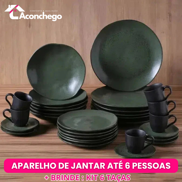 Jogo Aparelho de Jantar Arauco/Greenery - SERVE ATÉ 6 PESSOAS [+ BRINDE - KIT 6 TAÇAS]