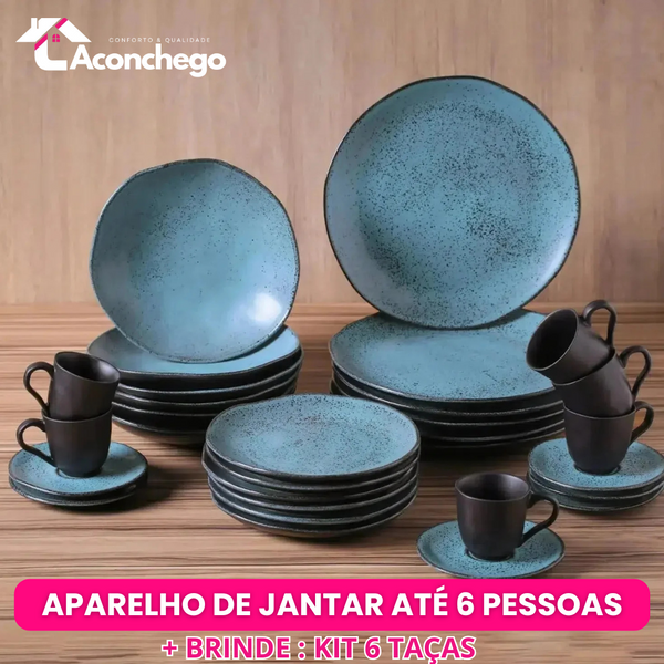 Jogo Aparelho de Jantar Stoneware Orgânico Petroleum/Night Sky - SERVE ATÉ 6 PESSOAS [+ BRINDE - KIT 6 TAÇAS]