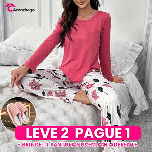 [Leve 2 Pague 1] Pijama Feminino Jardim de Neve (Aconchego leve contra o frio) + BRINDE: 1 Pantufa Antifrío + estilo para usar em casa