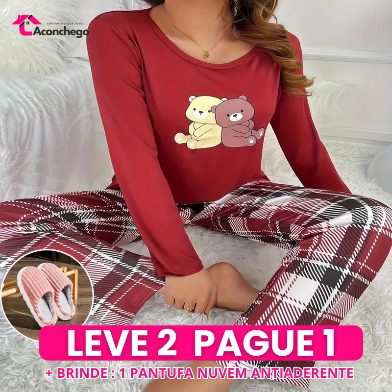 Leve 2 Pague 1] Pijama Feminino Ursinho do Inverno (Proteção e conforto térmico) + BRINDE: 1 Pantufa Antifrío + estilo para usar em casa