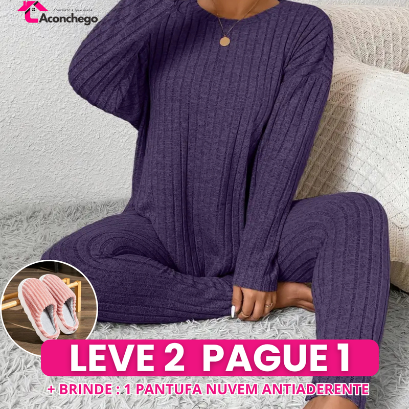 [Leve 2 Pague 1] Pijama Feminino Inverno Aconchegante (Frescor no toque, calor por dentro) + BRINDE: 1 Pantufa Nuvem Antifrío