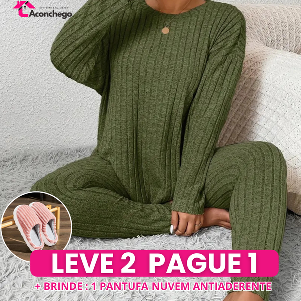 [Leve 2 Pague 1] Pijama Feminino Inverno Aconchegante (Frescor no toque, calor por dentro) + BRINDE: 1 Pantufa Nuvem Antifrío