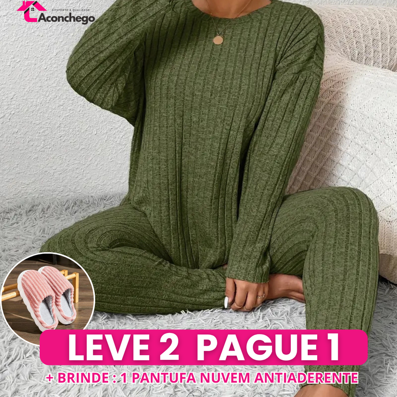 [Leve 2 Pague 1] Pijama Feminino Inverno Aconchegante (Frescor no toque, calor por dentro) + BRINDE: 1 Pantufa Nuvem Antifrío