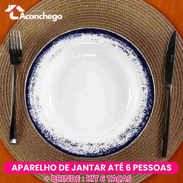 Jogo Aparelho de Jantar Decoração Névoa - SERVE ATÉ 6 PESSOAS [ BRINDE - KIT 6 TAÇAS ]