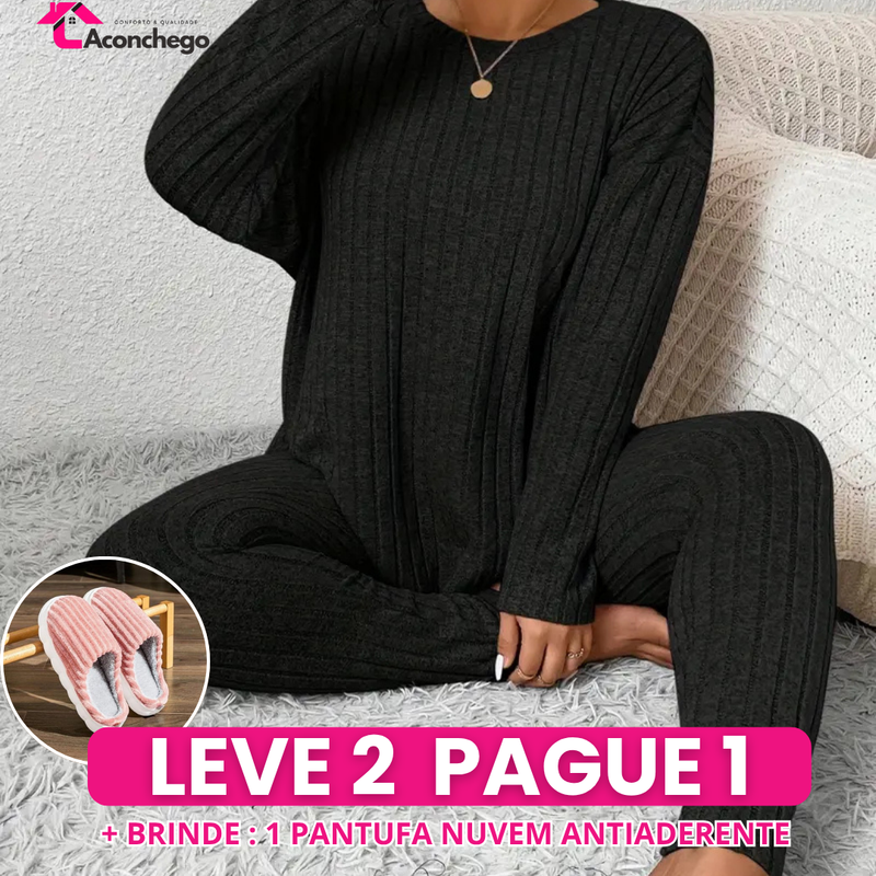 [Leve 2 Pague 1] Pijama Feminino Inverno Aconchegante (Frescor no toque, calor por dentro) + BRINDE: 1 Pantufa Nuvem Antifrío