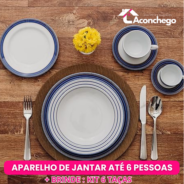 Jogo Aparelho de Jantar  Azul Royale Chá e Café - SERVE ATÉ 6 PESSOAS [ + BRINDE - KIT 6 TAÇAS ]
