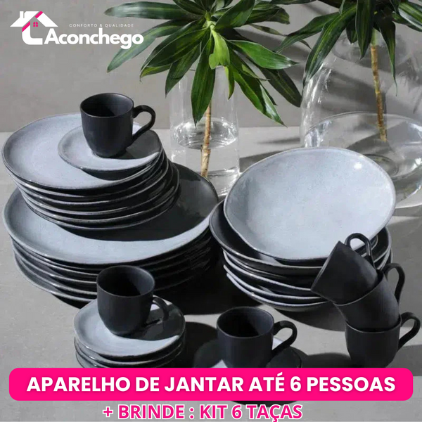 Jogo Aparelho de Jantar Orgânico Cinza Dust - SERVE 6 PESSOAS [+ BRINDE - KIT 6 TAÇAS]