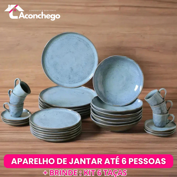 Jogo Aparelho de Jantar  Orgânico Azul Retrô  - SERVE ATÉ 6 PESSOAS [+ BRINDE - KIT 6 TAÇAS]