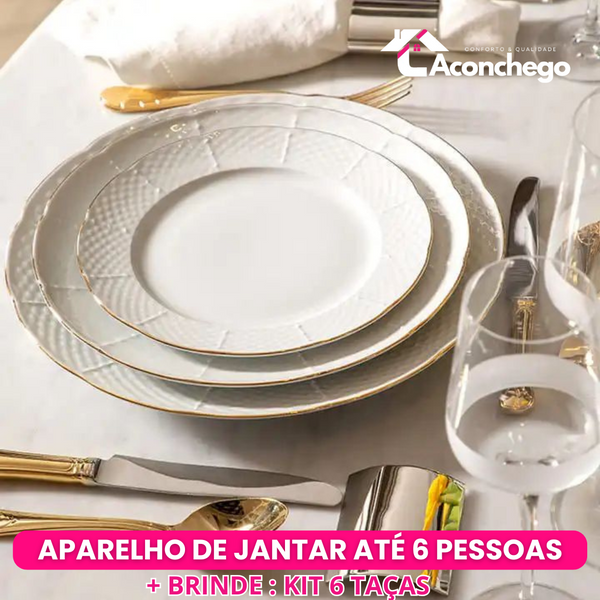 Jogo Aparelho de Jantar Branco Ouro - SERVE ATÉ 6 PESSOAS  [ + BRINDE - KIT 6 TAÇAS ]