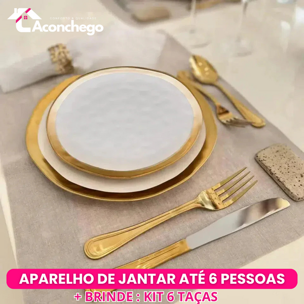 Jogo Aparelho de Jantar Porcelana Branco/Dourado Dubai - SERVE ATÉ 6 PESSOAS [ + BRINDE - KIT 6 TAÇAS ]