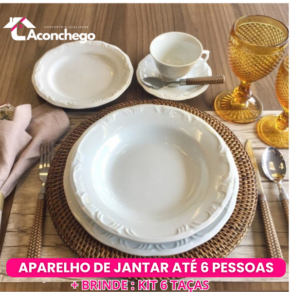 Jogo Aparelho Jantar  Relevo Chá Café - SERVE ATÉ 6 PESSOAS [+ BRINDE - KIT 6 TAÇAS]
