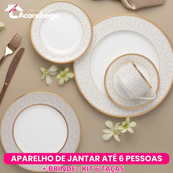 Jogo Aparelho de Jantar Porcelana Elegance Chanel - SERVE ATÉ 6 PESSOAS [ + BRINDE - KIT 6 TAÇAS ]